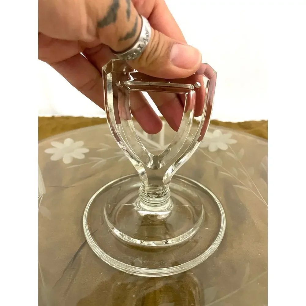 VTG Etched Clear Crystal‎ Center Handle Tray Plate with Etched Flowers 10.5